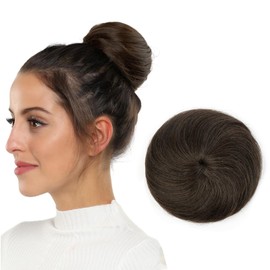 isheeny Human Hair Bun Extension, Small Drawstring Straight Updo Donut Chignon, Real Hair Fake Ballet Bun for Women & Girls, Messy Bun Hair Piece for Effortless Style (Dark Brown #2)