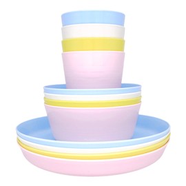 Bloomsworld Toddler Dining Set, 4 Plastic Cups, Bowls and Plates, Reusable, BPA Free, Kids Picnic and Party Tableware for Boys and Girls - Pastel