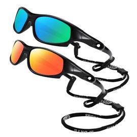 LIU·WEN Kids Sports Polarized Sunglasses - Flexible Youth Baseball Beach Sun Glass With Strap for Boys Girls Age 4-12(Black/Green Mirrored + Black/Orange Mirrored)