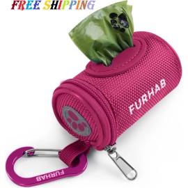 FURHAB Dog Poop Bag Holder for Leash Doggie Waste Dispenser Soft Fabric Rose Red