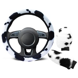 3Pcs Fluffy Cow Steering Wheel Cover Soft Furry Plush Winter Warm Vehicle Car Steering Wheel Protector Warmer with Handbrake Gear Shift Plush Cover Universal Auto Steering Wheel Cover Fit 37-39cm