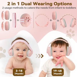 Baby Ear Muffs Noise Cancelling - 2-In-1 Baby Headphones for Infant To Toddlers Age 0-48 Months - Baby Ear Protection for Airplane Fireworks Travel Sleeping Pink