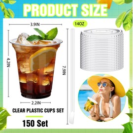 Eaasty 150 Set 14 oz Clear Plastic Cups with Flat Lids and Straws Disposable Iced Coffee Dessert Yogurt Cups for Party Cold Beverages Smoothies Drinks Lemonade Stand Juice Milkshakes