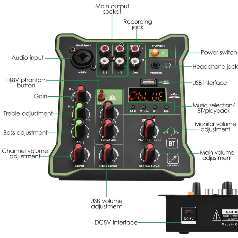 Audio Mixer, 5-Channel Compact Audio Mixer Sound Mixing Console 48V
