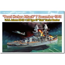 PLATZ DR7127 1/700 WW2 December 8, 1941 Attack on Pearl Harbor, American Battleship Arizona BB-39 & Japan Type 97 2 Aircraft, Includes Plastic Model