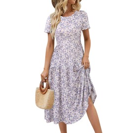 Sureple Boho Dresses for Women 2024 Short Sleeve Causal Crew Neck Tiered Midi Swing A Line Floral Flowy Sundress(SP209-Purple Floral 02-L)