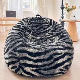 XeGe Zebra Print Faux Fur Bean Bag Cover (No Filler), Fluffy Stuffed Animal Storage Bean Bag Chair Shell for Living Room Dorm, Furry Fuzzy Striped Beanbag Cover for Adults Teens Kids, Anti-slip, Grey