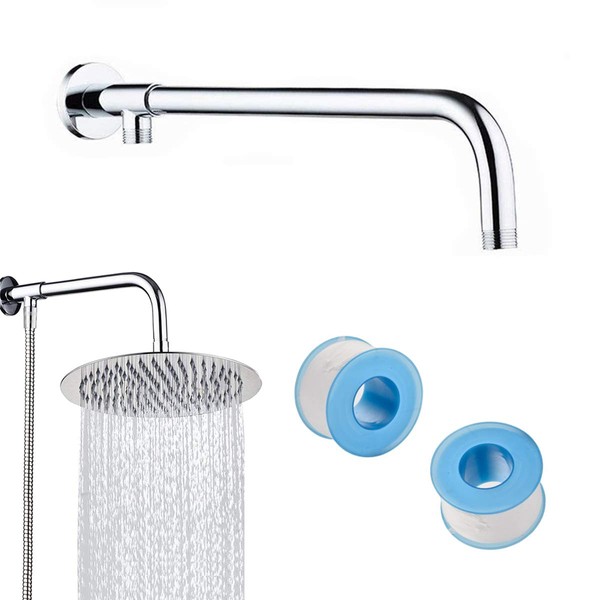 Shower Arm Accessories,CHENKEE 41 cm Stainless Steel Shower Head Arm Bathroom Extension Tube Copper Holder Silver Polished Chrome Head Extension Rod With 2 roll PTFE Seal Tape for Rainfall Shower Head