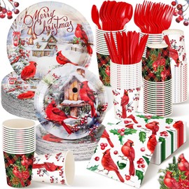 Suttmin 350 Pieces Christmas Disposable Dinnerware Set, Serves 50, Merry Christmas Paper Plates Red Cardinal Napkins Cups Cutlery for Christmas Holiday Dinner Party Decorations