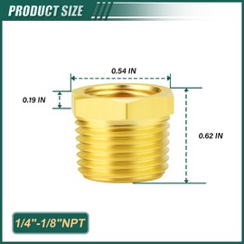 GORAGUCHI 10PCS Brass Reducer Hex Bushing Threaded Pipe Fitting, 1/4" NPT Male x 1/8" NPT Female, Reducing Pipe Adapter Fitting, for Air/Fuel/Water/Gas/Oil