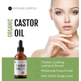 Castor Oil (2oz), USDA Certified Organic, 100% Pure, Cold Pressed, Hexane Free by Kate Blanc. Stimulate Growth for Eyelashes, Eyebrows, & Hair. Skin Moisturizer. FREE Starter Kit. 1-Year Guarantee.