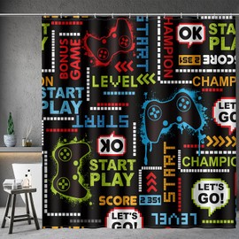 Aimego Game Gaming Kids Shower Curtain - Video Games Gamepad Controller Gamer Cool Shower Curtains Set with 12 Hooks for Adults Boys Bathroom Decor Accessories, 72"x72"