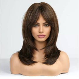Unbranded Wig - Human Hair Blend - Long Straight Layered Dark Brown Bangs Heat Resistant