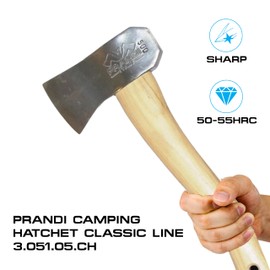 Prandi Camping Hatchet Classic Line - 3.051.05.CH - 500g Forged Carbon Steel Polished Head with 13" American Hickory Handle - Hatchet for Outdoor Activities - No Sheath Included