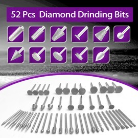 Diamond Grinding Bit Compatible with Dremel, 52Pcs Stone Carving Set Diamond Bits 1/8" (3mm) Shank Polishing Kit for Stone Glass Ceramics Carving Polishing Grinding Etching