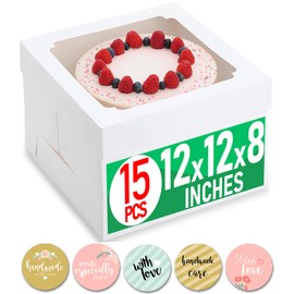 Baregamyan 12x12x8 Inch Cake Boxes 15 pcs, Large 12 Inch Cake Box with Window for 8 Inch Tall Tiered Bakery Cakes, Pies, Sturdy Square White Cardboard, Cake Decorating Supplies (80 Pcs Stickers)