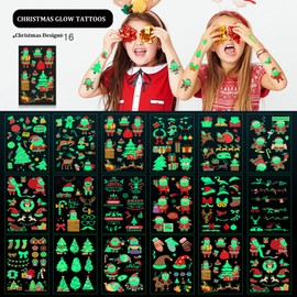 Christmas Temporary Tattoos for Kids, 260PCS Luminous Tattoos Xmas Waterproof Body Stickers, Glow in the Dark Santa Claus Face Fake Tattoo, Cute Holiday Party Favor Supplies Decorations for Adults