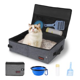 Peipaws Portable Litter Box for Cats for Travel with Zipper Leak-Proof Lid, Double Carry Handles, Collapsible Litter Box for Cats, Waterproof. Includes Bonus Water Bowl+Scooper+Poop Bags (Gray,M)