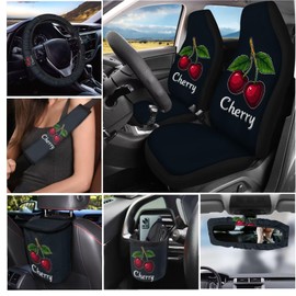 HUISEFOR Cherry Car Interior Seat Covers 15 Pcs Easy to Install Auto Accessories with Seat Belt Cover, Steering Wheel Cover, Cup Holder, Key Chain, Car Decor Gift for Holiday