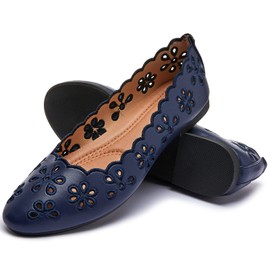 FRACORA Zapatos Planos de Ballet para Mujer, de Piel sintética, cómodos, con Puntera Redonda, con Ojales Florales, Marino, 9 US