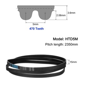 sourcing map HTD-5M Rubber Timing Belt 470 Teeth, 2350mm Pitch Length x 15mm Width x 3.6mm Height, Closed Loop Pulley Timing Belt