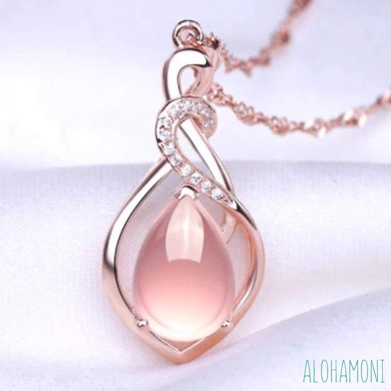 ALOHAMONI Pink Opal Necklace Cubic Zirconia CZ Diamond Pink Gold