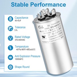 T.TAOMI 45+5 uF 45/5 MFD ±5% 370V/440VAC CBB65 Dual Run Start Round UL Listed AC Capacitor for Fan Motor Start or Heat Pump or Condenser Straight Cool (45+5uF)