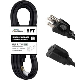 HONDERSON Indoor Outdoor Extension Cord Weatherproof, UL Certified, 12 Gauge 6FT Black 3 Prong Heavy Duty, 12/3 SJTW 15A Power Cord for Outdoor Lights, Appliances, Lawn