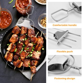 3 Way Grilling Skewers, 3-Prong Kebab Skewers Kit, 2Pcs Stainless Steel Kebab Sticks with Brush, Kabob Forks with Push Bar Slider for Meat, Chicken, Sausages, Veggies