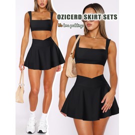 OZICERD Two Piece Tennis Skirt Sets for Women 2 Piece Mini Skirt Set Going Out Golf Skort Athletic Skirt Pickleball Outfit Black,S