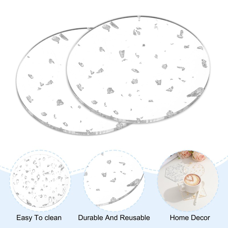 sourcing map 2pcs Silver Foil Acrylic Cup Coaster, Round Acrylic