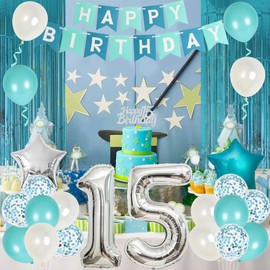 15th Birthday Decorations for Girls Teal Blue 15th Birthday Party Supplies Turquoise Happy Birthday Banner Teal Green Number 15 Star Foil Balloons Birthday Girl Sash Happy 15th Birthday Decor