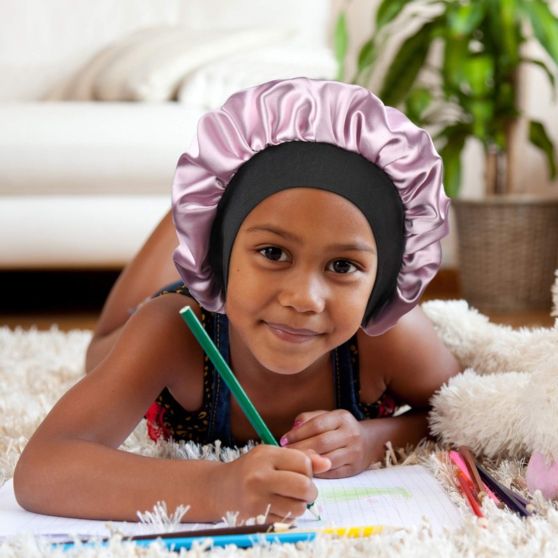 SENGTERM Kids Satin Bonnet Double Layer Wide Elastic Band Sleep