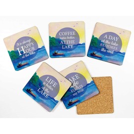 Inkdotpot Set of 6 Drink Coasters Decorative Non,Slip Cork Base 4-inch Square Printed Coasters Easy Clean- Lake Quote