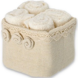 Casatessile Bathroom Lavette with Fabric Basket Set of 4. Roses Small Towels for Guests. - Crema