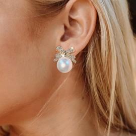 Pearl Bow Earrings for Women Trendy Dainty Rhinestone Bow Stud Pearl Statement Earrings for Christmas Party Holiday Jewelry Gifts