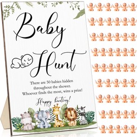 Roowest 51 Pieces Baby Shower Games Include Wooden Hunt Sign 50 Mini Plastic Baby Shower Games Gender Reveal Party Favors Prizes for Game(Animal Style)