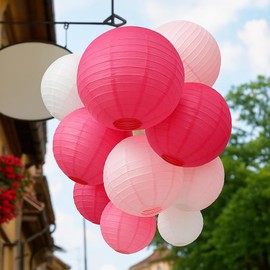 16 Pcs Paper Lanterns Hanging Round Pink Paper Lantern Decorative 6" 8” 10”12" Four Colors Chinese Lanterns for Birthday Wedding Party Decoration Baby Showers Valentine Indoor Outdoor