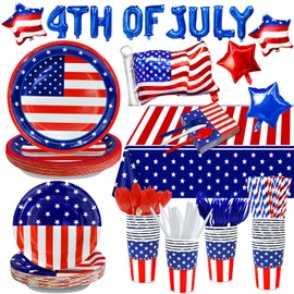 255PCS 4th of July Decorations Patriotic American Flag Party Supplies,Set of 60 Plates,30 Straws,30 Napkins,30 Paper Cups and 90 Plastic Utensils,14 Balloons,Tablecloths for Red White Blue Decoration