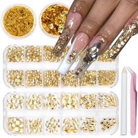 SEMATA Nail Art Charms Champagne Nail Rhinestones Crystals with Gold Foil Flakes Various Shapes Heart Square Nails Gems Mixed Size Rhinestones 0.06-0.2in Nails Design Decoration for Women Manicure DIY