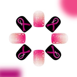 Valentines Press on Nails Short Square French Fake Nails Black & Pink False Nails with Pink Ribbon Designs Winter Charms Pink Glitter Glossy Glue on Nails Xmas Acrylic Nails for Women Girls 24 Pcs