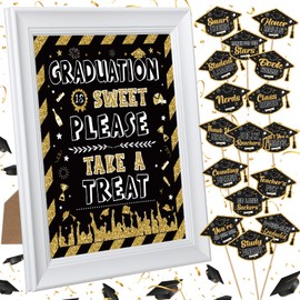 Hoolerry 21 Pcs Graduation Candy Bar Signs Buffet Labels Set 10 Inch Grad Party Buffet Table Sign with Frame Dessert Food Labels for Graduation Party Decorations Supplies(Black, Gold)