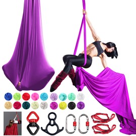 PRIORMAN Aerial Silks Set, Premium Ariel Yoga Hammock 9 Yards Aerial Silk, Low-Stretch Fabric, Yoga Starter Kit for Home, Aerial Rig for All Skill Levels - All Hardware Included (Violet)