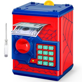 ATM Piggy Bank for Boys Girls, Vcertcpl Mini ATM Coin Bank Money Saving Box with Password, Kids Safe Money Jar for Adults with Auto Grab Bill Slot, Great Gift Toy Bank for Kids S Red