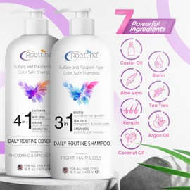 Fights Hair Loss – Roottina Daily Routine Shampoo and Conditioner for Women Hair Loss with DHT Blocker, Formulated for Thinning Hair & Hair Growth Support, Infused with Natural Oils (16 fl oz x 2)