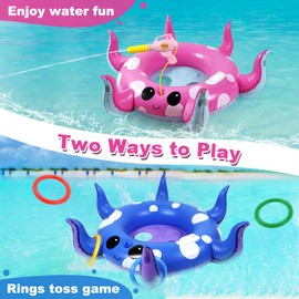2 Pack Octopus Kids Pool Floats with Water Gun & Ring Toss Game, Summer Swimming Inflatable Pool Toys for Kids Ages 3-8, Outdoor Beach Water Play Gifts for Toddlers (Blue & Pink)