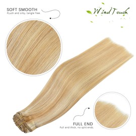 WindTouch Clip in Hair Extensions Human Hair Balayage Golden brown to Blonde Highlights for Blonde 12Inch 70g #27p613 7PCS
