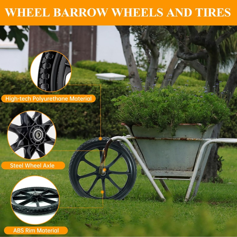 20” Flat Free Wheelbarrow Wheels and Tires, with 2.45” Centered