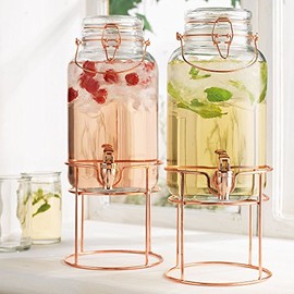 Elegant Home Set of Two (2) Quality Clear Glass Each (1) Gallon Each Glass Bail & Trigger Locking Lid Beverage Dispenser with Spout on Copper Metal Stand.