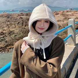 [Imported] Knit Balaclava Hooded Hat, Neck & Ear Warmer Scarf for Winter Warmth lf1982 Free Size/Beige 4ea